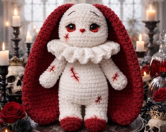 Gehaakt gotisch konijnenpatroon, donkere amigurumi griezelig konijn pdf, DIY kinderkamerinrichting, beginnersvriendelijk downloadbestand