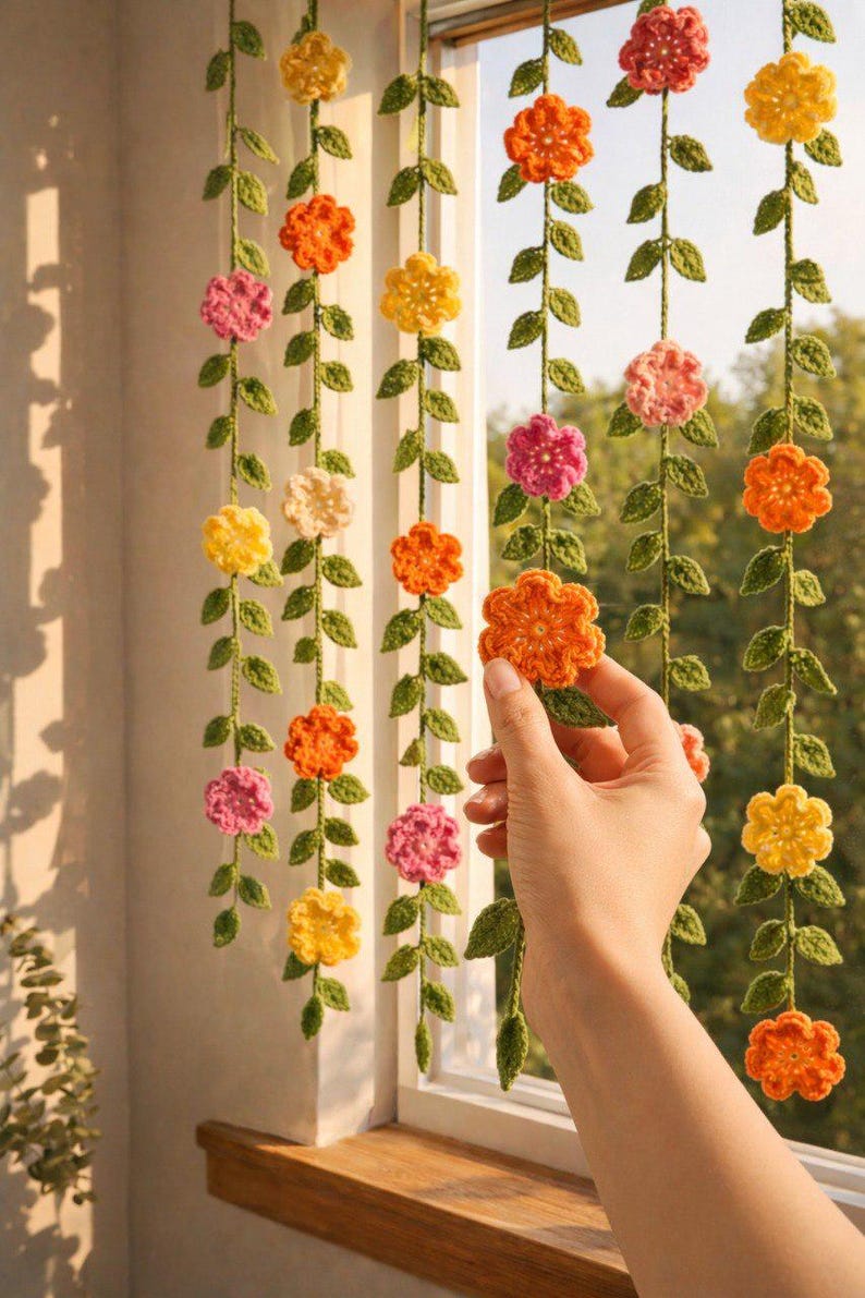 May include: Vertical hanging garlands featuring crocheted green vines with small leaves and multi-colored flowers in shades of yellow, orange, and pink. The floral strands are suspended in front of a window, showcasing intricate yarn textures.