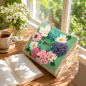 May include: A handmade crochet book cover with a floral design. The cover features a light green background with various crochet flowers in pink, white, blue, and purple. A small key charm and green beads are also included in the design. The book cover is sitting on a wooden table.