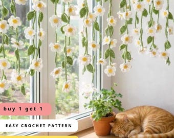 Buy 1 Get 1 Gehaakt madeliefjegordijnpatroon pdf, amigurumi bloemenslingergordijn, doe-het-zelf raamdecoratie, beginnersvriendelijke download