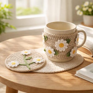 May include: A beige ceramic mug with a crocheted daisy cozy and matching coaster set. The cozy and coaster feature white daisies with yellow centers and green leaves. The mug and coaster are on a wooden table.