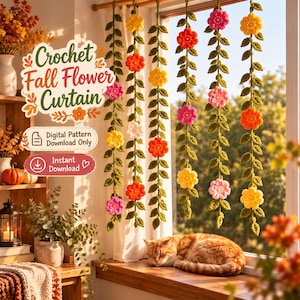 May include: A crochet curtain featuring five vertical strands of green leaves interspersed with yellow, orange, and pink flowers hanging in a window. Text on the image reads: Crochet Fall Flower Curtain, Digital Pattern Download Only, Instant Download.