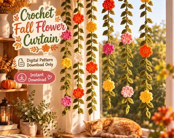 Crochet Fall Flower Curtain Pattern, DIY Autumn Hanging Floral, Cozy Garland Window Decor (Digital Download)