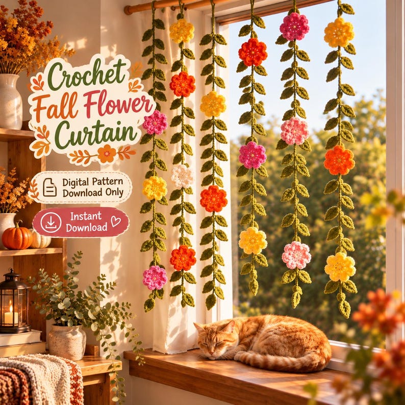 May include: A crochet curtain featuring five vertical strands of green leaves interspersed with yellow, orange, and pink flowers hanging in a window. Text on the image reads: Crochet Fall Flower Curtain, Digital Pattern Download Only, Instant Download.