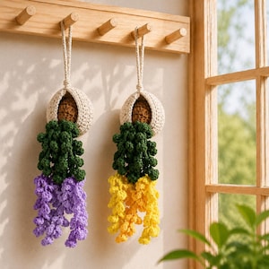 Padrão de crochê para cesta suspensa de glicínias em PDF, tutorial de guirlanda de lavanda em amigurumi, decoração de janela boho faça você mesmo, vaso de plantas ideal para iniciantes