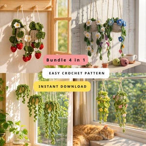 May include: A collection of four crochet hanging plant patterns featuring strawberries, white and blue flowers, and trailing green vines. The text Bundle 4 in 1, EASY CROCHET PATTERN, and INSTANT DOWNLOAD is displayed over the images of the items.