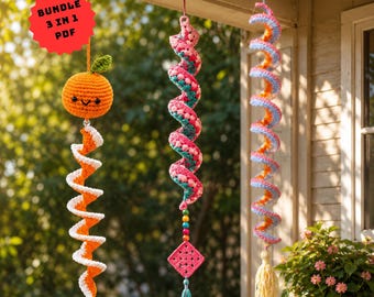 Bundel 3-in-1 gehaakte windspinner patroon pdf, amigurumi hangende spiraal twister tutorial, boho veranda decor, doe-het-zelf gehaakt cadeau