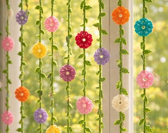 Gehaakt fluisterend tuingordijnpatroon pdf, amigurumi-zelfstudie hangende bloemenslinger, doe-het-zelfraamdecoratie, beginnersvriendelijke download