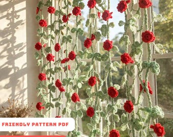 Crochet Rose Garland Pattern PDF, Amigurumi Flower Vines Curtain, DIY Window Decor, Beginner Friendly Friendly Download
