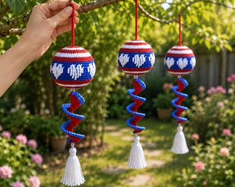 Gehaakte Amerikaanse vlag hart bal wind spinner patroon pdf, amigurumi hangende spiraal twister tutorial, boho veranda decor, instant download