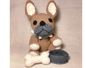 Benji The Frenchie French Bulldog Bone and Bowl Crochet Pattern PDF USA terms