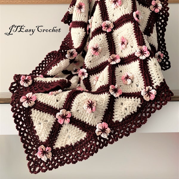 Cherry Blossom Flower Baby Blanket, Crochet Baby Blanket Pattern, Granny Square Blanket, Newborn Afghan Pattern, Throw Blanket, Bedspread