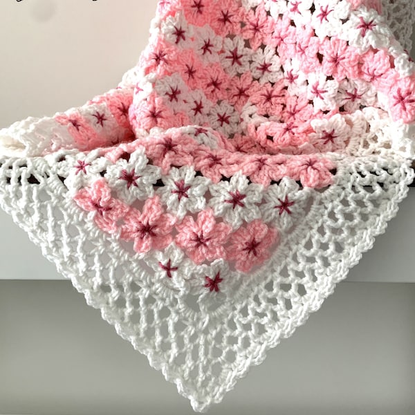 Cherry Blossom Flower Baby Blanket, Crochet Baby Blanket Pattern, Granny Square Blanket, Newborn Afghan Pattern, Throw Blanket, Bedspread