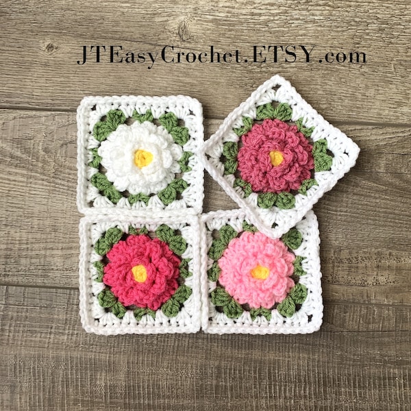 Crochet Rose Peony granny square, beginner crochet pattern, flower granny square for blankets, 3d floral granny square