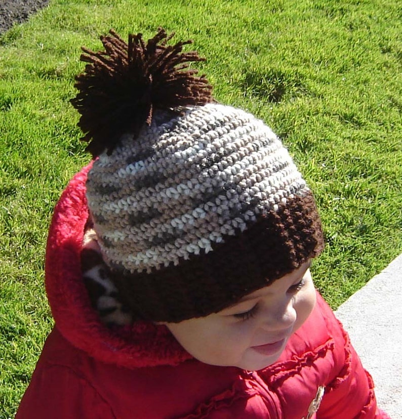 PDF Instant Download Crochet Pattern No 062 Brown Pom Pom Hat With Ribbed Edge All Size baby toddler child adult image 4