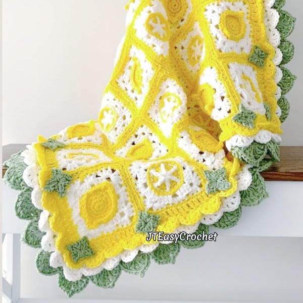 Obst Baby Decke Häkelmuster, Zitrone Applikation, Oma Quadrat, Häkeln Afghan, Decke, Kinderzimmer Bett Decke, Tagesdecke oder Überwurf