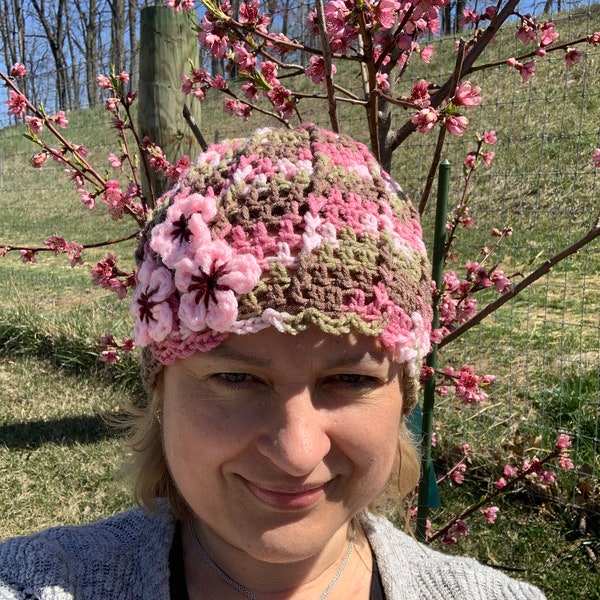 Baby Flower Hat Crochet Pattern, Cherry Blossom Hat, Spring Flower Beanie Pattern, Newborn Photo Props, Download PDF, Sakura Flower Hat