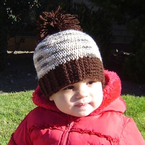 PDF Instant Download Crochet Pattern No 062 Brown Pom Pom Hat With Ribbed Edge All Size baby toddler child adult image 1