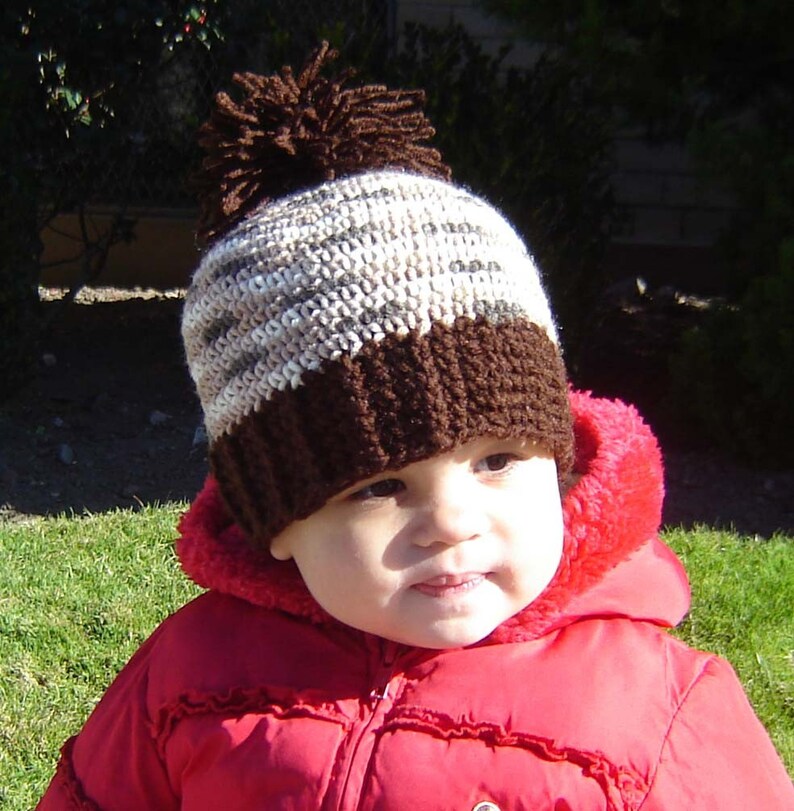 PDF Instant Download Crochet Pattern No 062 Brown Pom Pom Hat With Ribbed Edge All Size baby toddler child adult image 1