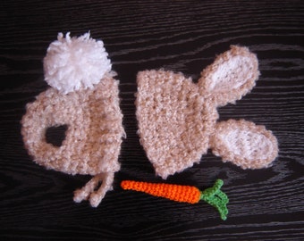 PDF Instant Download Easy Crochet Pattern No 269 Bunny Set With a Carrot photo prop sizes preemie, newborn. 0-3, 3-6 months