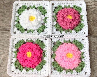 Floral Granny Square Crochet Pattern, Set, 3D Rose Granny Square Flower, PDF Instant Download, Circle to Square, Cottagecore Afghan Block