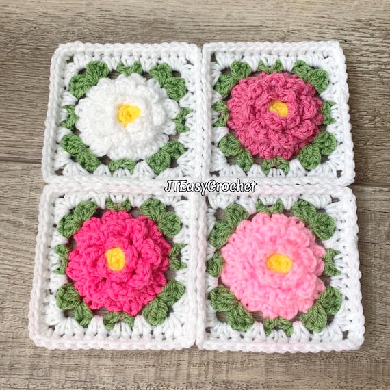 Floral Granny Square Crochet Pattern, Set, 3D Rose Granny Square Flower, PDF Instant Download, Circle to Square, Cottagecore Afghan Block