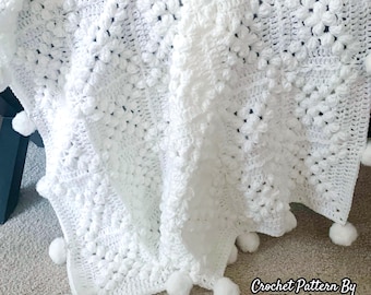 Baby Blanket Crochet Pattern & VIDEO, Granny Square Throw with Poms, PDF Instant Download, Crochet Home Decor