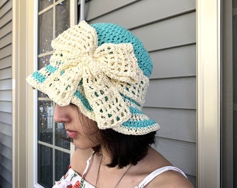 Bow Sun Hat Crochet Pattern, Brim Hat Pattern, Spring Flower Beanie, Newborn Photo Prop, Summer Bucket Cap, Baby Cloche Hat, Scalloped Hat