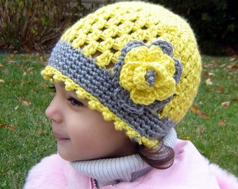 PDF Instant Download Crochet Pattern No 072 Yellow Open Weave Beanie with the Flower  All sizes Baby Toddler Child Adult