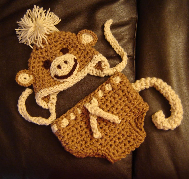 PDF Instant Download Crochet PATTERN No 256 Monkey Set Hat and Diaper cover Chunky yarn photo prop sizes preemie, newborn. 0-3, 3-6 months image 1