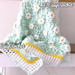 Patrón de manta de crochet con margaritas, manta de crochet con margaritas, manta con textura 3D, manta floral con estampado de abuela, manta estilo cottagecore, estilo bohemio vintage.