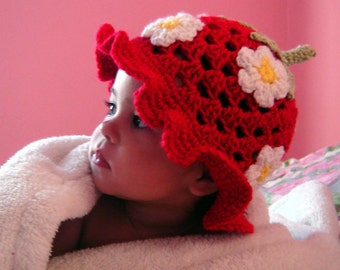 Hat Pattern Crochet Strawberry, Baby Crochet Bucket Hat Pattern, Strawberry Beanie, Newborn Girl Sun Hat, Fruit Crochet Cap, Floppy Sunhat