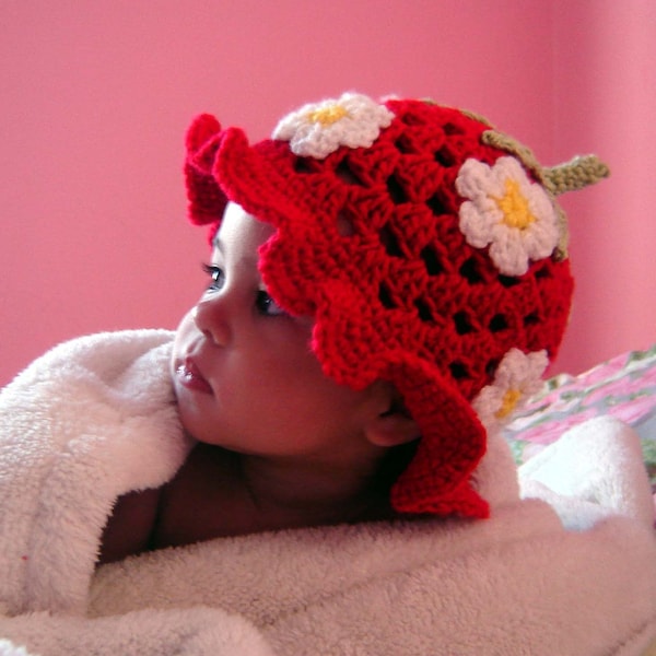 Hat Pattern Crochet Strawberry, Baby Crochet Bucket Hat Pattern, Strawberry Beanie, Newborn Girl Sun Hat, Fruit Crochet Cap, Floppy Sunhat