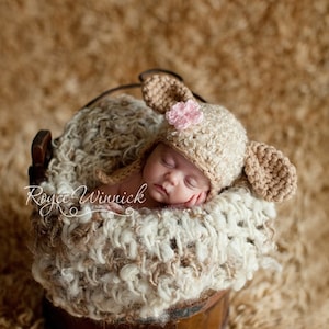 Crochet Lamb Hat Pattern, Baby Lamb Hat Pattern, Preemie Sheep Earflap Beanie, Easy Crochet Pattern, Newborn Photo Prop Pattern, Animal Hat image 1