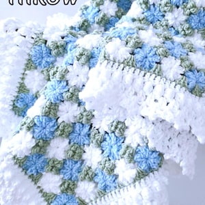 Lavishly beautiful crochet floral blanket made of cornflower motifs is hanging from a display. The blanket resembles a field of white and blue cornflowers framed with a beautiful lace edging.  The lettering says "Flower Blanket Throw", "Crochet Pattern By JTEasyCrochet" meaning that JTEasyCrochet has the best crochet patterns for flower baby blankets, throws and afghans.