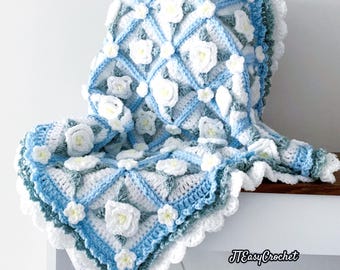 Gardenia Granny Square Baby Blanket Crochet Pattern, Frozen Garden Crochet Throw, Floral 3D Granny Square Afghan, PDF Instant Download