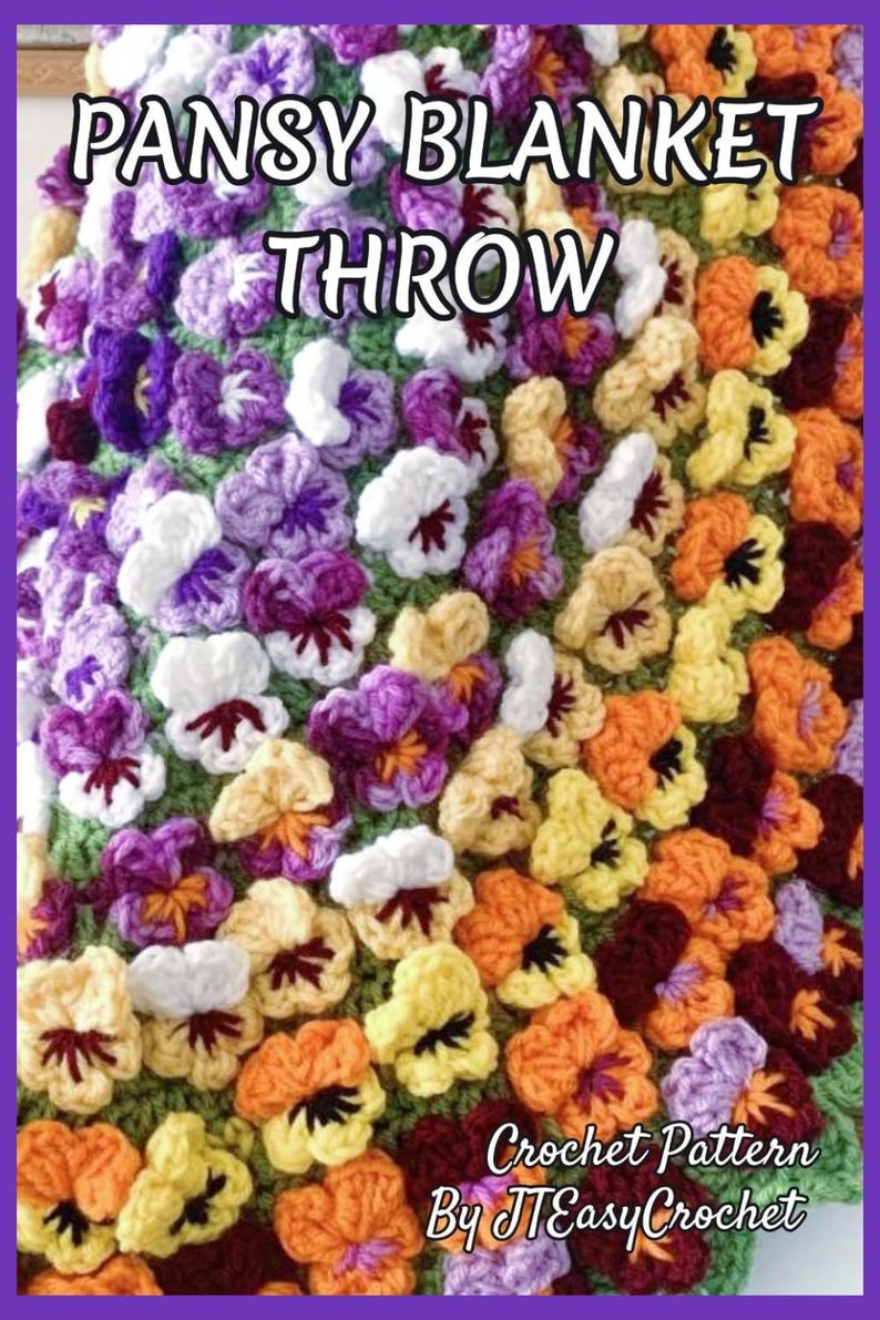 : Beautiful round crochet blanket or crochet rug is hanging from a display. The blanket is made of colorful pansy flowers arranged in circular pattern and the fringe og the blanket is made of green pansy leaves. The lettering says: "Pansy Blanket Throw", "Crochet Pattern By JTEasyCrochet" meaning that JTEasyCrochet has the best crochet patterns and fun crochet ideas.