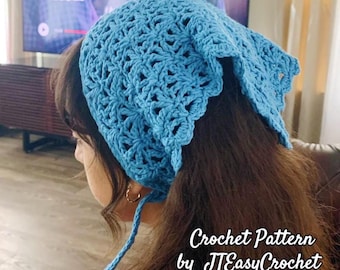 May include: A light blue crocheted head covering with a floral pattern. The head covering is tied at the nape of the neck. The text "Crochet Pattern by JTEasyCrochet" is visible in the image. The text "Crochet Inspo" is also visible in the image.