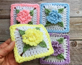 Easy Granny Square Crochet Pattern, Crochet Floral Square, 3D Summer Afghan Block, Hydrangea, Instant Download, Circle to Square, Victorian