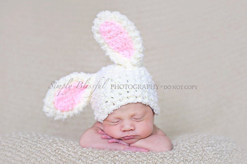 Baby Easter Bunny Hat Pattern, Newborn Crochet Bunny Hat, Preemie Crochet Pattern, Rabbit Beanie, Animal Photo Props Pattern, Knit Bunny Cap image 1