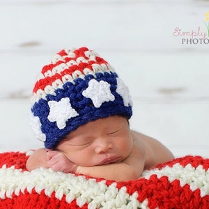 PDF Instant Download Easy Crochet PATTERN No 202 American Flag Beanie Photography Prop Sizes Preemie, Newborn, 0-3, 3-6 months
