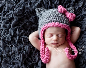 Crochet Kitty Hat Pattern, Preemie Crochet Pattern, Newborn Photography PDF, Cat Hat With Bow, Cat Ears Hat Pattern, Crochet Bonnet Hat