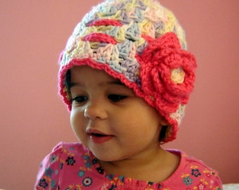 PDF Instant Download Crochet Pattern No 043 Scalloped Beanie With The Rose all sizes baby toddler child adult