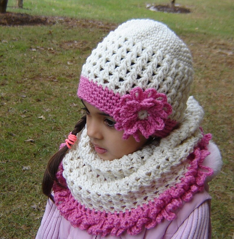 PDF Instant Download Crochet PATTERN No 138 Cream Hat and Cowl neck set child, teen and adult sizes image 5