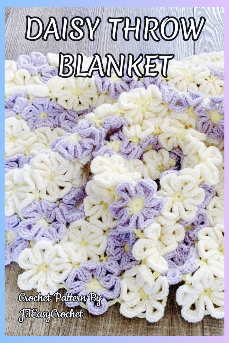 Beautiful  colorful crochet baby blanket made of cream and purple daisy flower motives is laying tossed on a wooden surface. The lettering says: "Daisy Throw Blanket" and "Crochet Patterns By JTEasyCrochet" which means that JTEasyCrochet has the best crochet patterns.