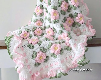 Crochet Pattern & VIDEO, Coquette Flowers Baby Blanket, Floral Granny Squares Throw
