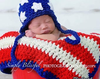 USA Blanket & Beanie Easy Crochet Pattern PDF Instant Download, Afghan Throw Blanket, Patriotic Flag Baby Shower Gift Newborn Photo Prop