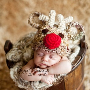 PDF Instant Download Crochet PATTERN No 235 Reindeer Red Nose photo prop sizes preemie, newborn. 0-3, 3-6 months image 1