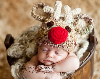 PDF Instant Download Crochet Pattern No 235 Santa's Reindeer Red Nose photo prop sizes preemie, newborn. 0-3, 3-6 months
