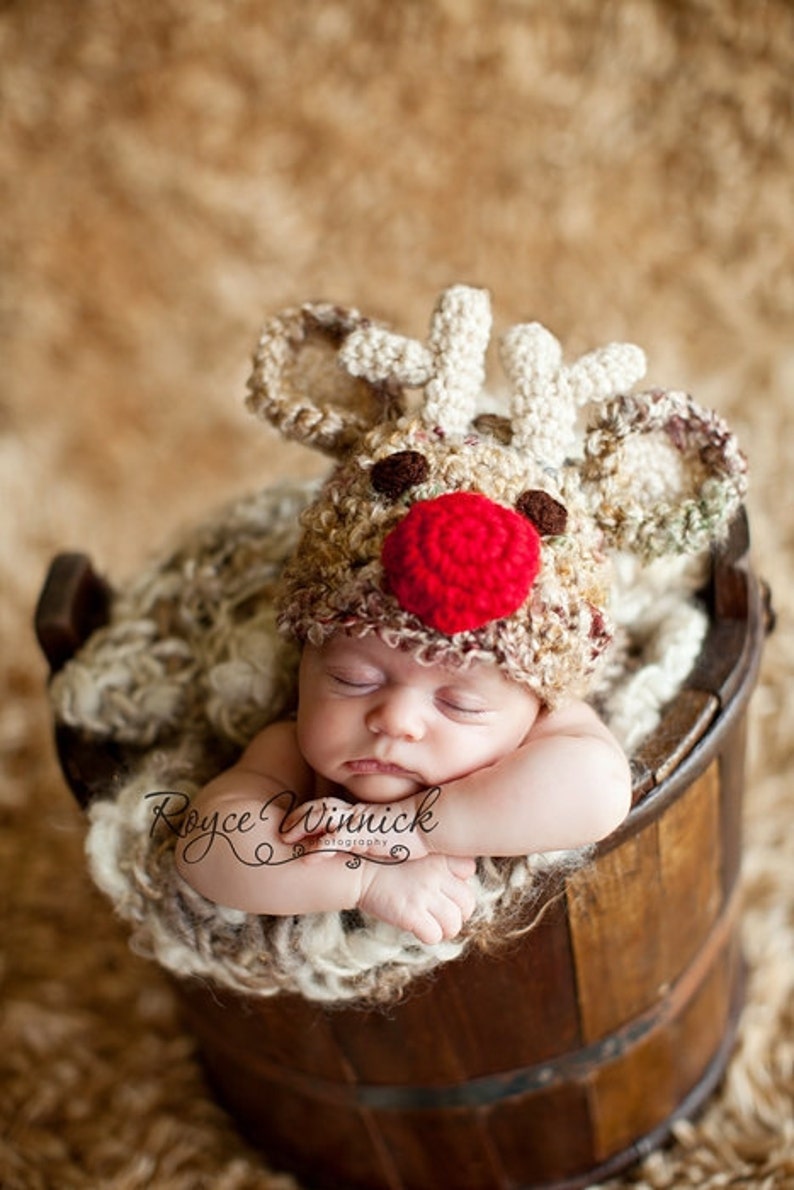 PDF Instant Download Crochet PATTERN No 235 Reindeer Red Nose photo prop sizes preemie, newborn. 0-3, 3-6 months image 1